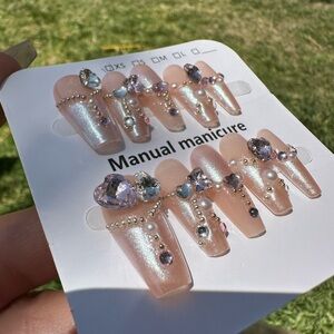 Cream and Pink Press-On Nails with Glitter and Rhinestones